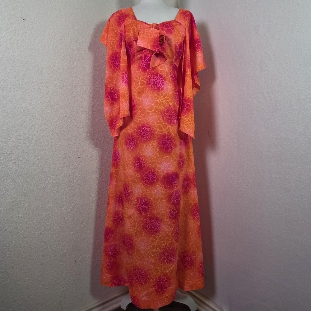 Vintage Sears 70s Maxi Dress – Bright Orange Pink Floral Dayglo– Size S